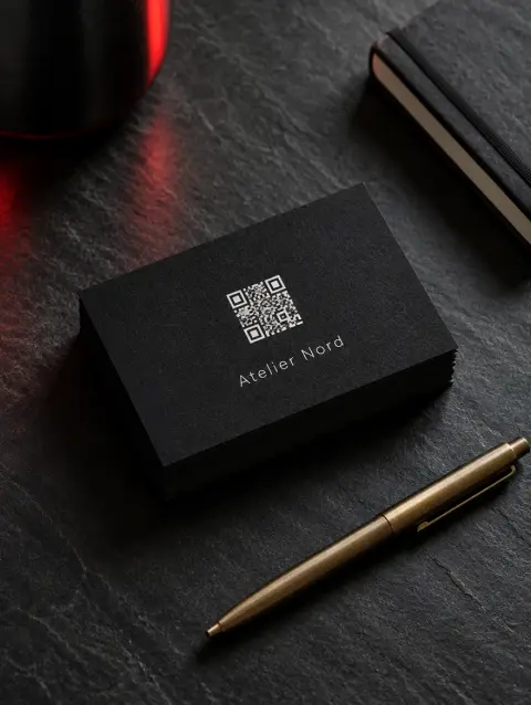 Black business cards of Atelier Nord, a fictional company, with a QR code