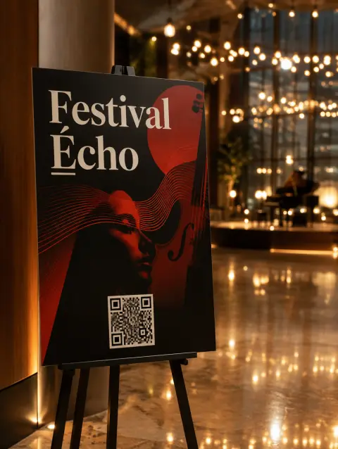Poster of Festival Écho, a fictional event, on an easel with a QR code