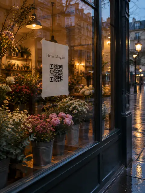Poster with a QR code in the window of Fleurs Margaux, a fictional shop