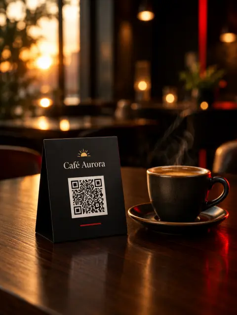 Table tent of Café Aurora, a fictional café, with its QR code next to an espresso