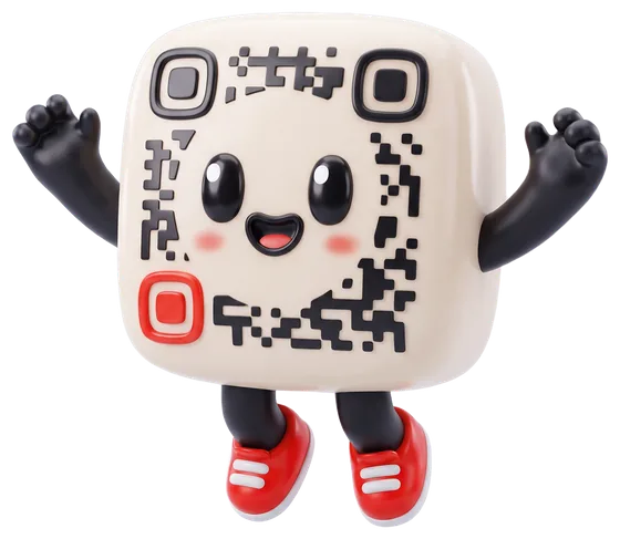 Kubi, the Krealo QR mascot: a smiling QR code jumping for joy
