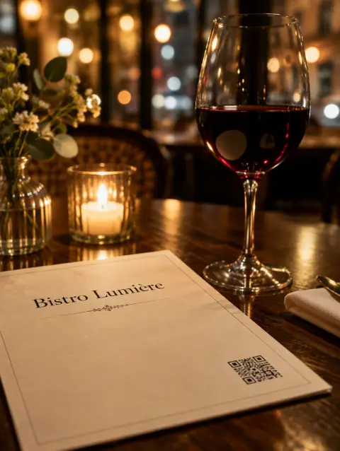 Printed menu of Bistro Lumière, a fictional restaurant, with a QR code in the corner